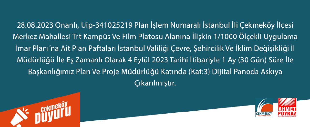 İstanbul İli Çekmeköy İlçesi Merkez Mahallesi Trt Kampüs Ve Film Platosu Alanına İlişkin 1/1000 Ölçekli Uygulama İmar Plan
